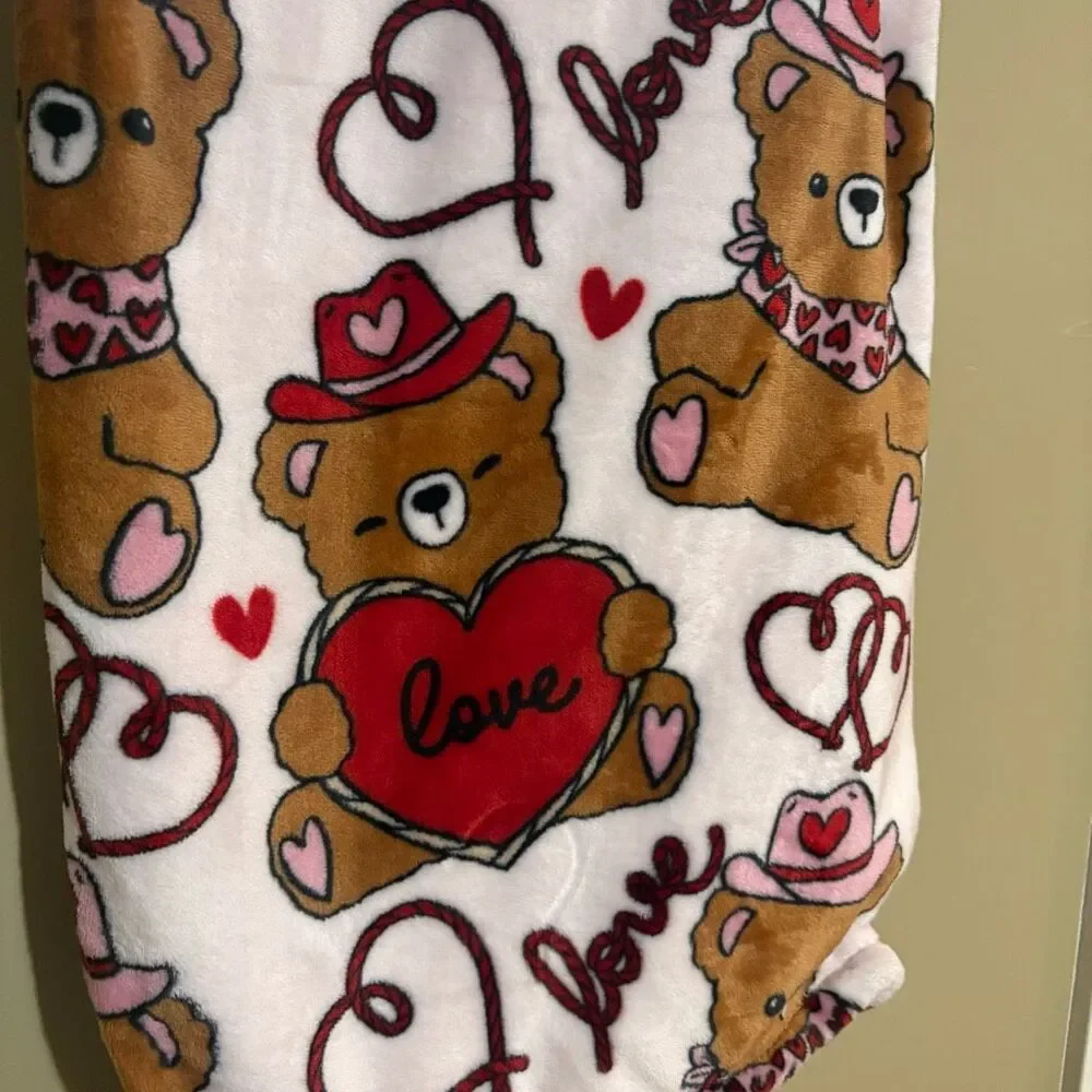 Valentines Day Western Teddy Bear Love Lasso Cowboy Hat Bandana Pink Blanket
